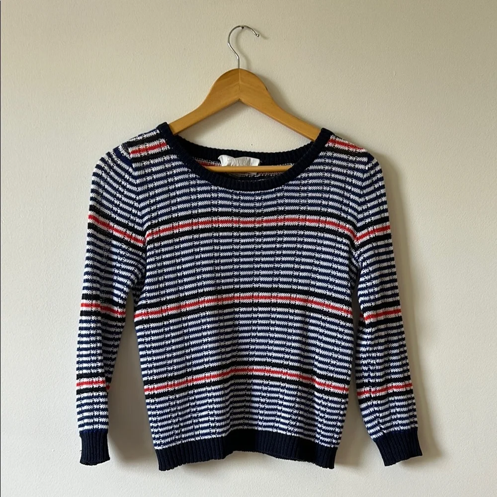 100% Linen Stripe Navy Cropped Crewneck Sweater Cardigan Brand XS